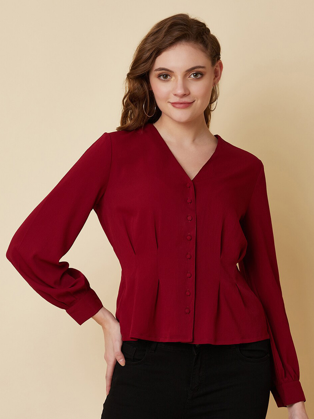 RAASSIO Women Burgundy Cinched Waist Top