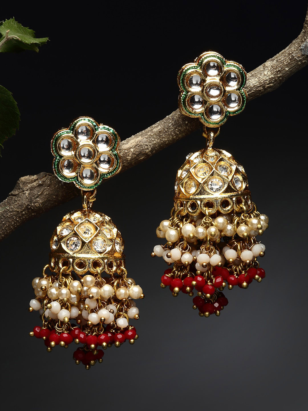 DUGRISTYLE Women Red Gold Plated Jhumka Earrings