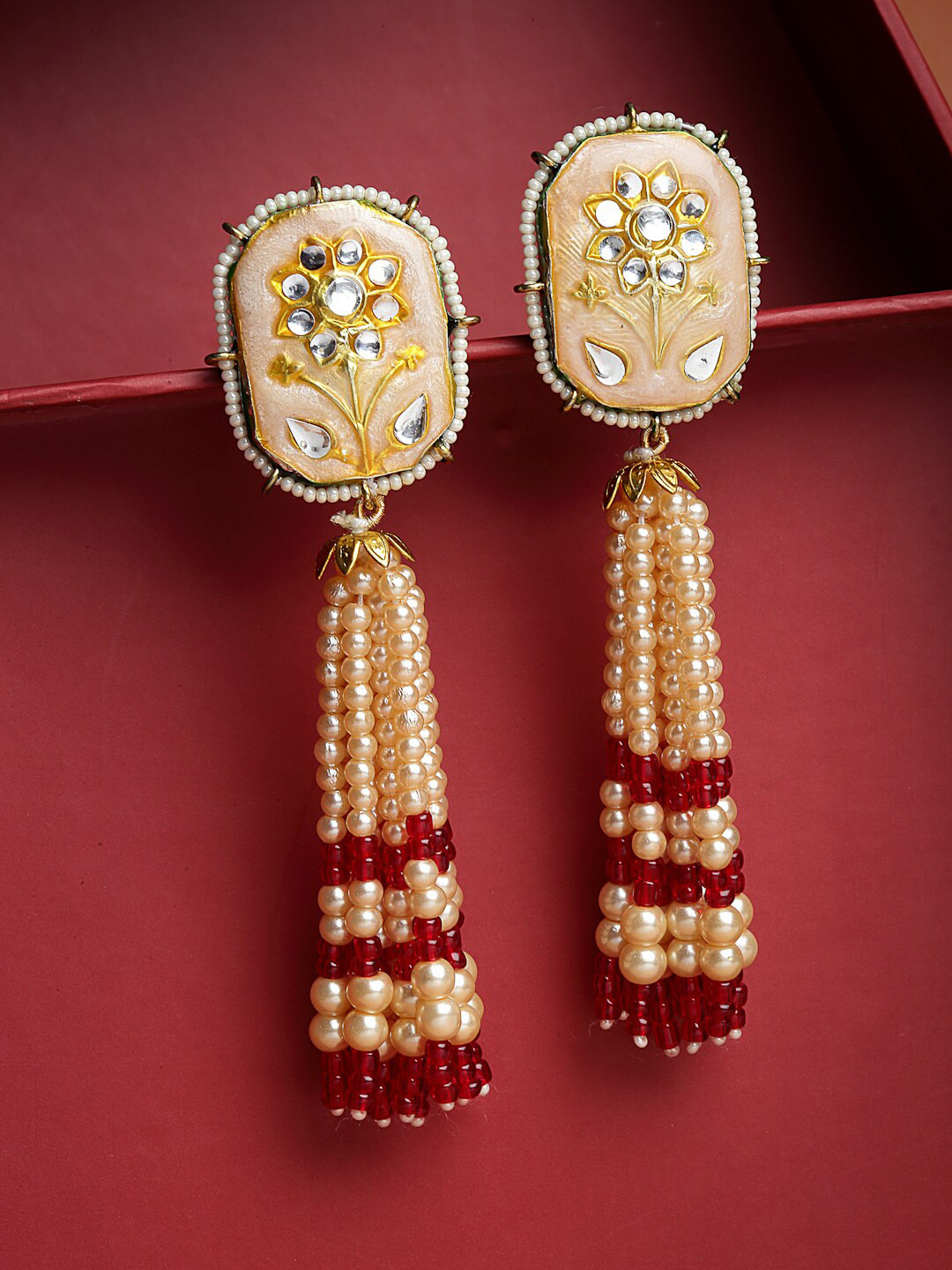 DUGRISTYLE Red Contemporary Drop Earrings with Kundan & Pearls