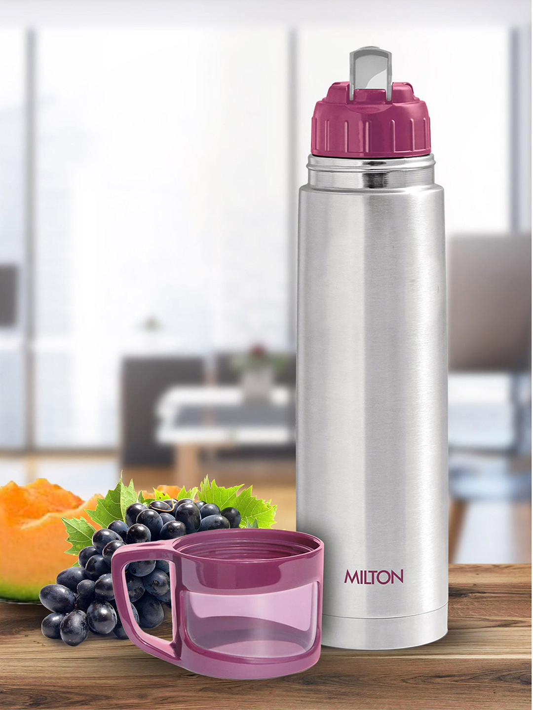 Milton Pink Glassy 750 Thermosteel 24 Hours Hot & Cold Bottle with Drinking Cup Lid 750 ml