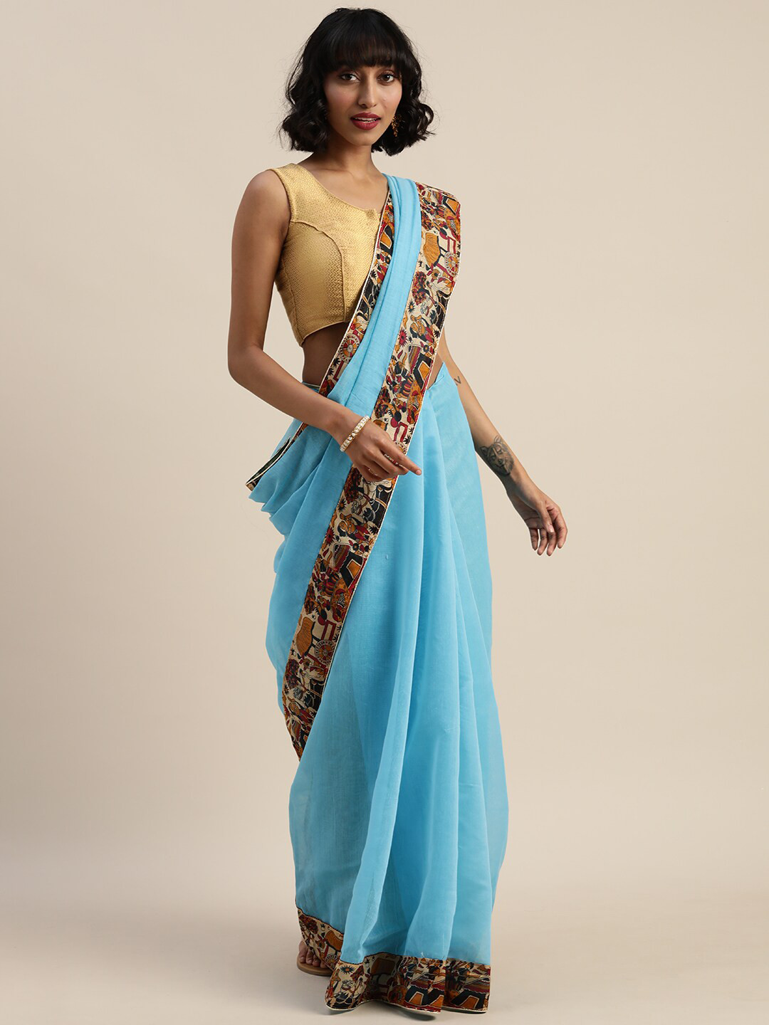 Florence Turquoise Blue & Cream-Coloured Silk Cotton Saree