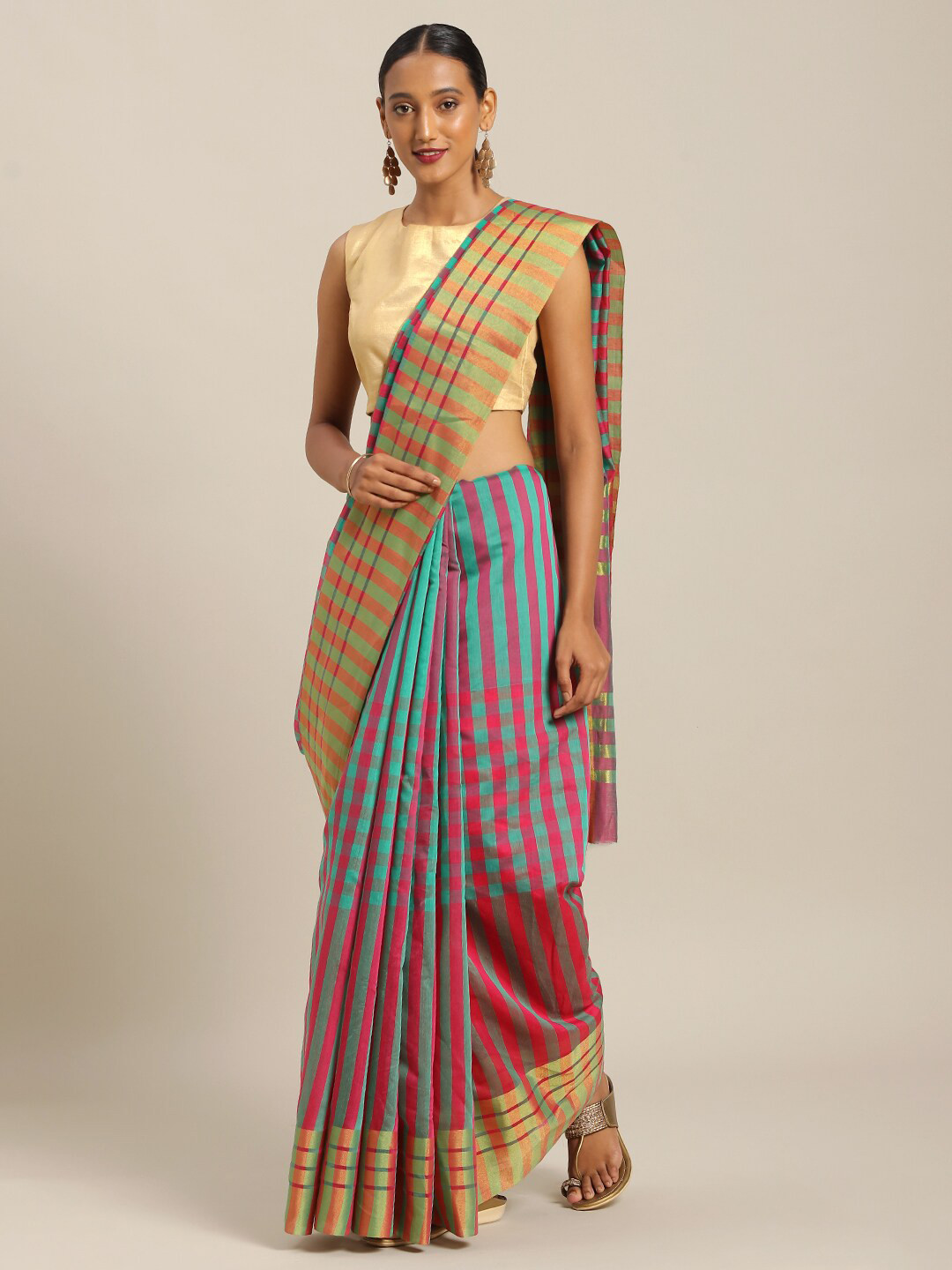 Florence Sea Green & Blue Striped Art Silk Saree