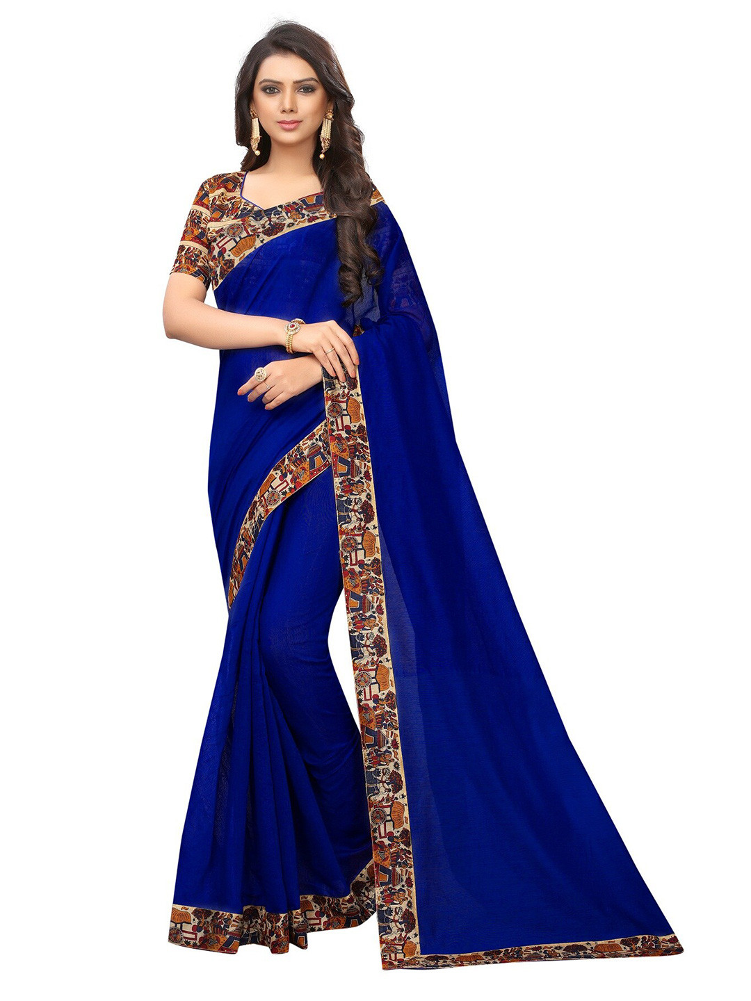 KALINI Women Navy Blue & Cream Solid Silk Cotton Chanderi Saree With Blouse