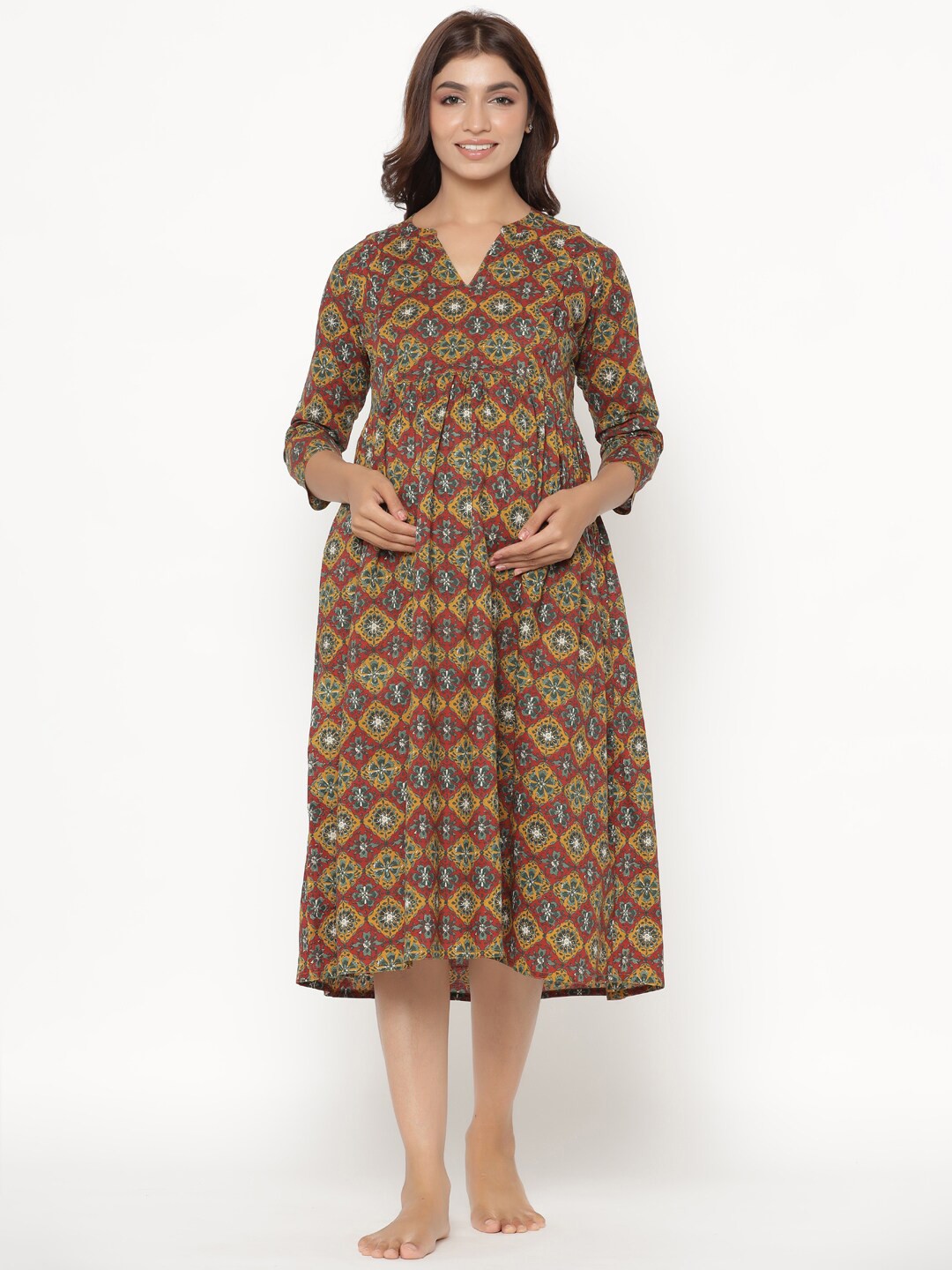 CRAFIQA Mustard Yellow & Grey Printed Maternity & Nursing Cotton A-Line Midi Dress
