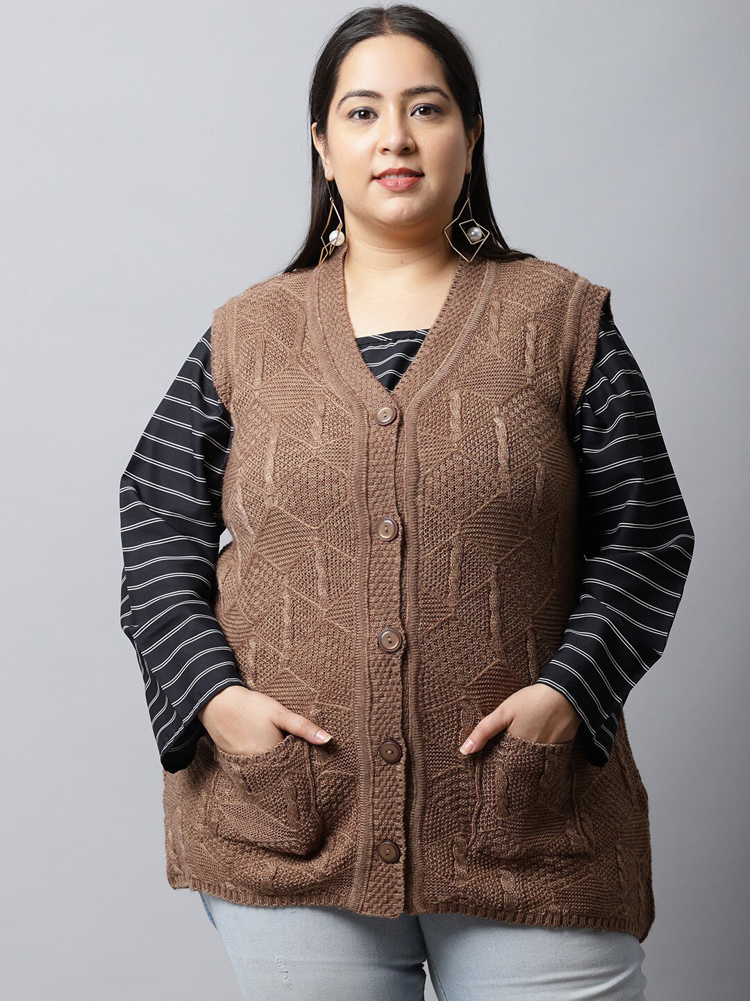 VANYA Plus Size Women Brown Cardigan Sweater
