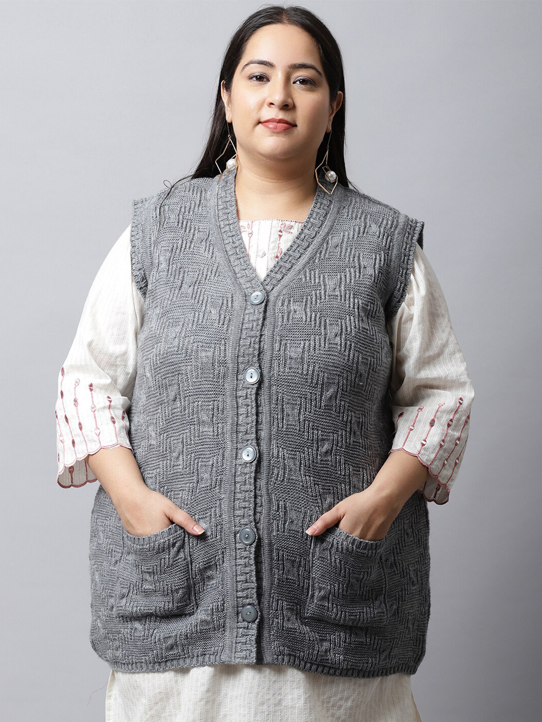 VANYA Plus Size Women Grey Cardigan Sweater