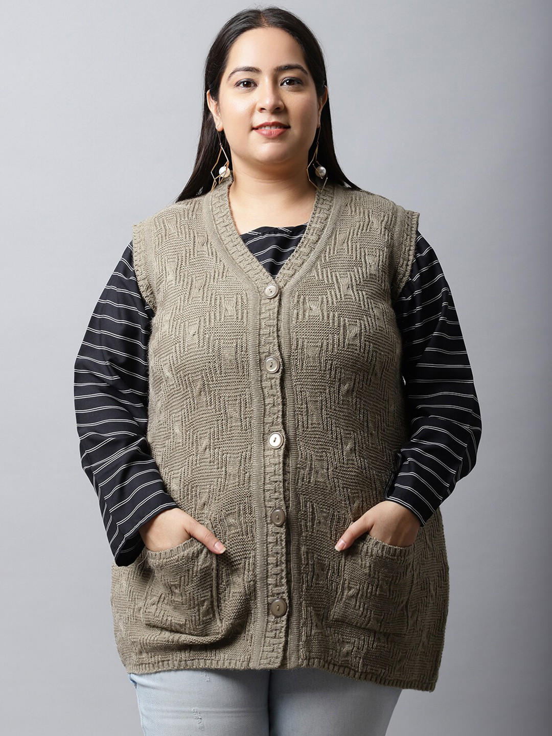 VANYA Plus Size Women Beige Cardigan Sweater