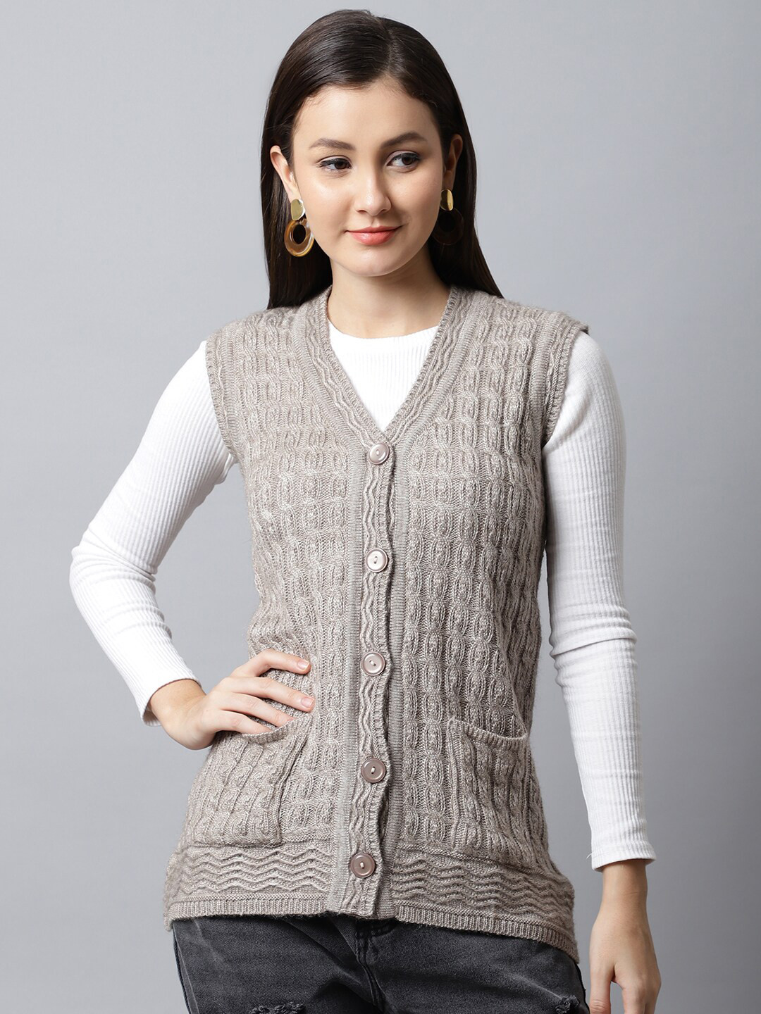 PERFECT LINE Women Beige Cable Knit Cardigan