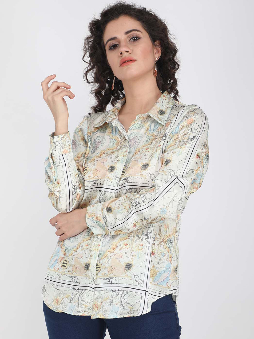 angloindu Women Off White & Peach-Coloured Print Shirt Style Top