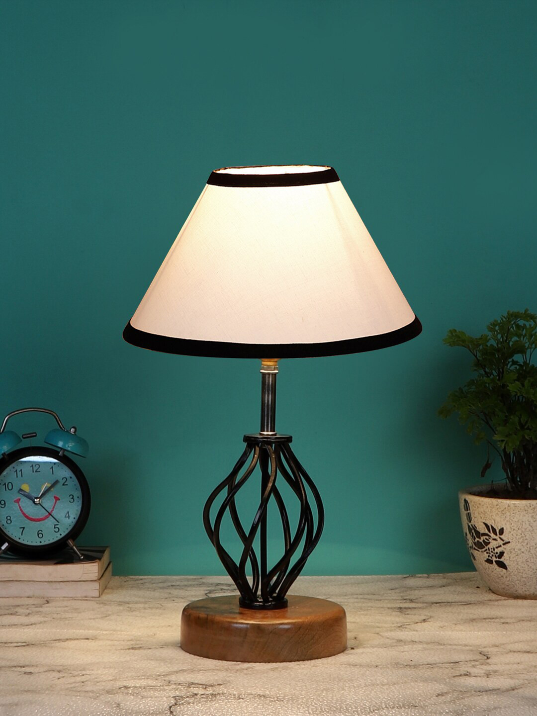Devansh White & Black Solid Iron & Cotton Table Lamp