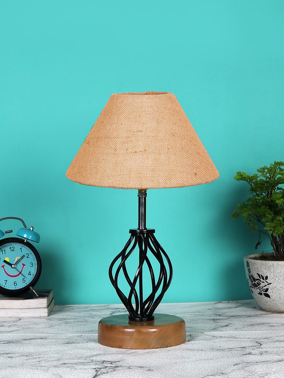 Devansh Beige Self Design Jute Table lamp with Wood & Iron Base