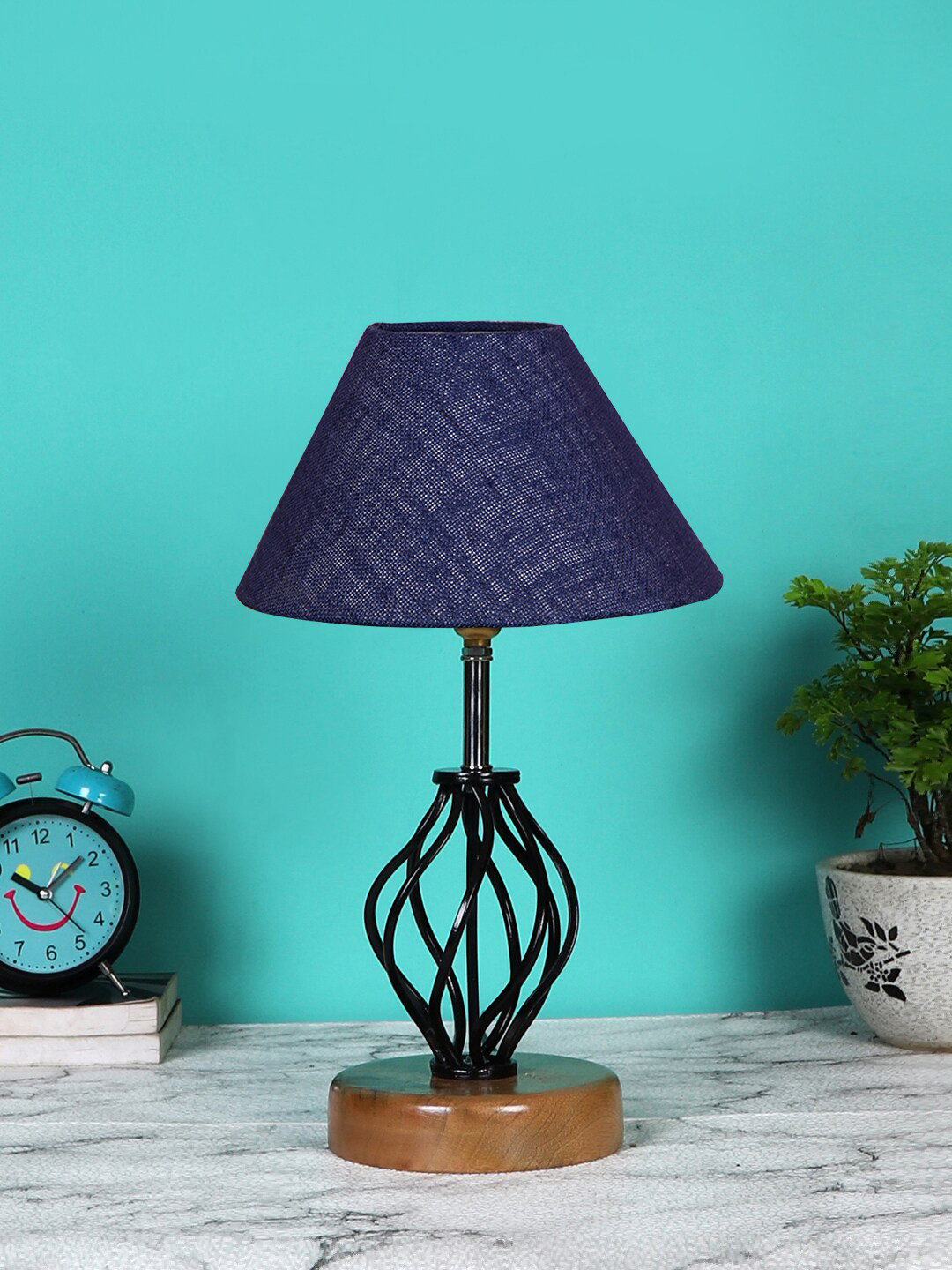 Devansh Blue Solid Wood & Iron Base Table Lamp