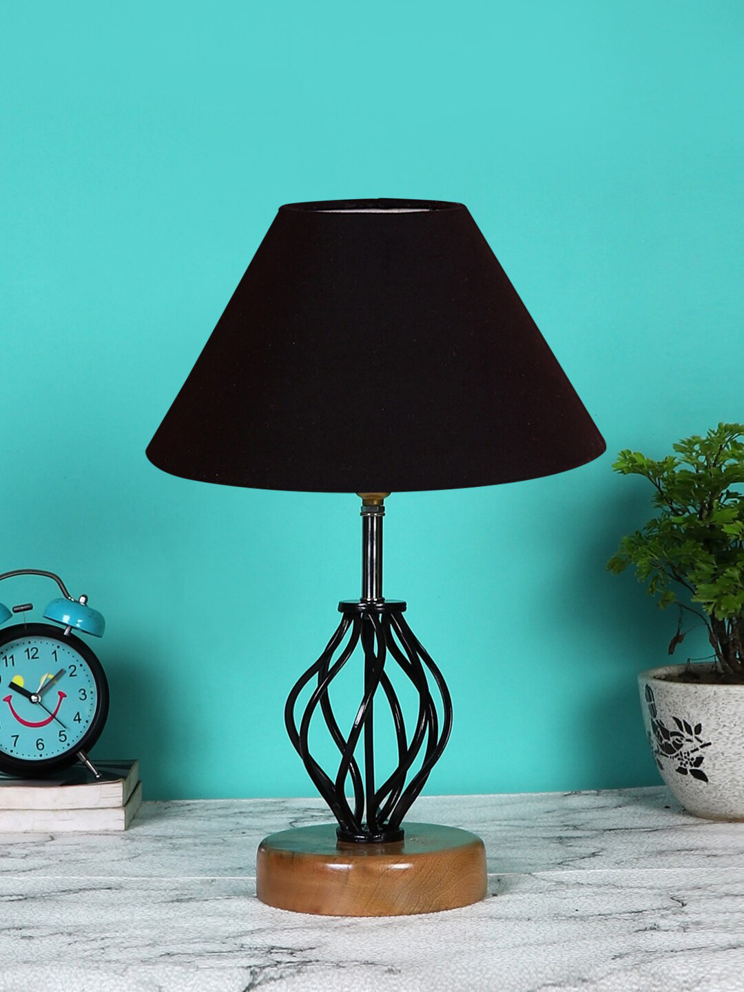 Devansh Black Self Design Cotton Table lamp with Wood & Iron Base