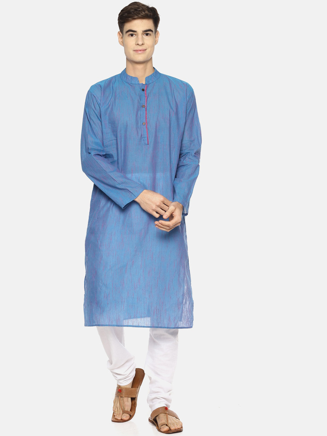 PAROKSH Men Blue Dual Tone Long Sleeves Cotton Straight Kurta