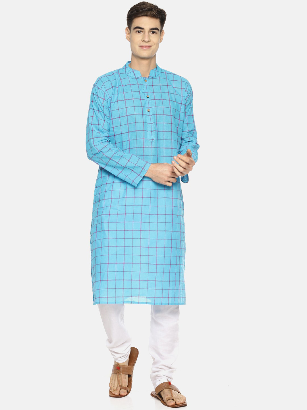 PAROKSH Men Blue Checked Cotton Straight Kurta