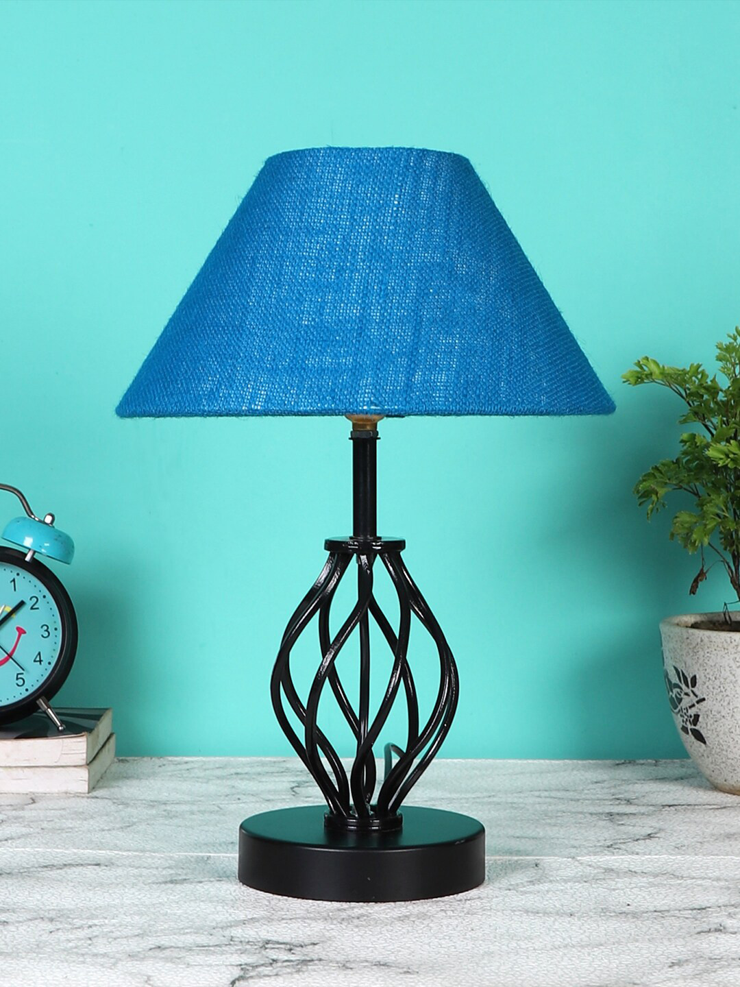 Devansh Turquoise Blue Jute Table lamp With Iron Base