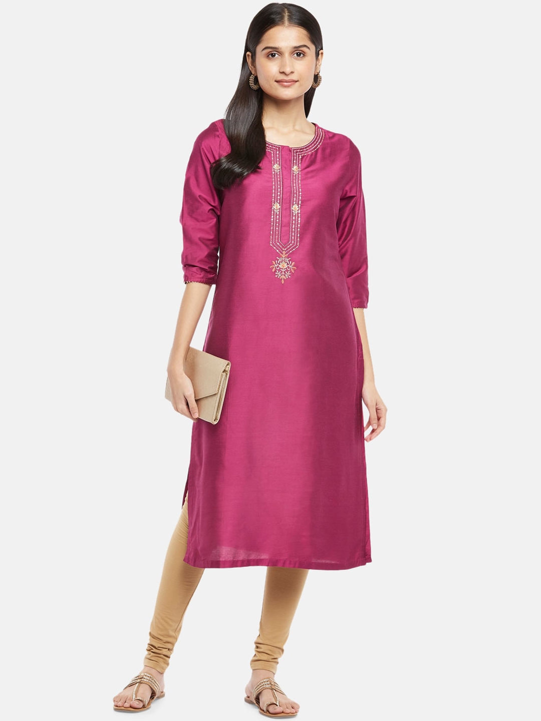 RANGMANCH BY PANTALOONS Women Coral-Coloured & Embroidered Kurta with  Trousers & Dupatta