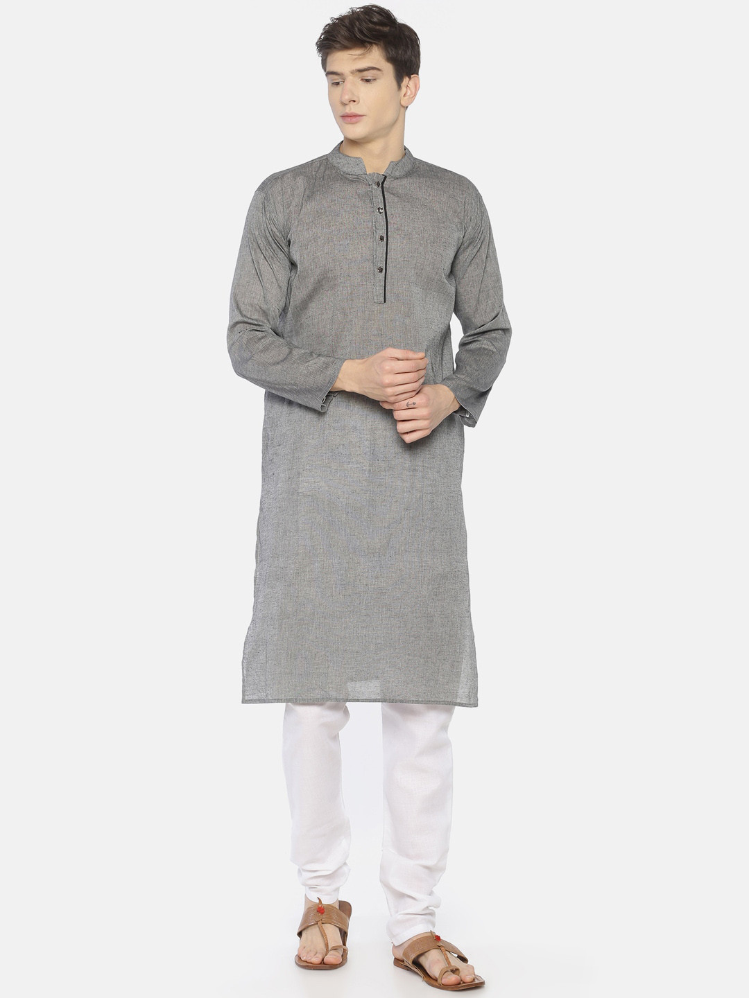PAROKSH Men Grey Shadow Work Dobby Handloom Kurta