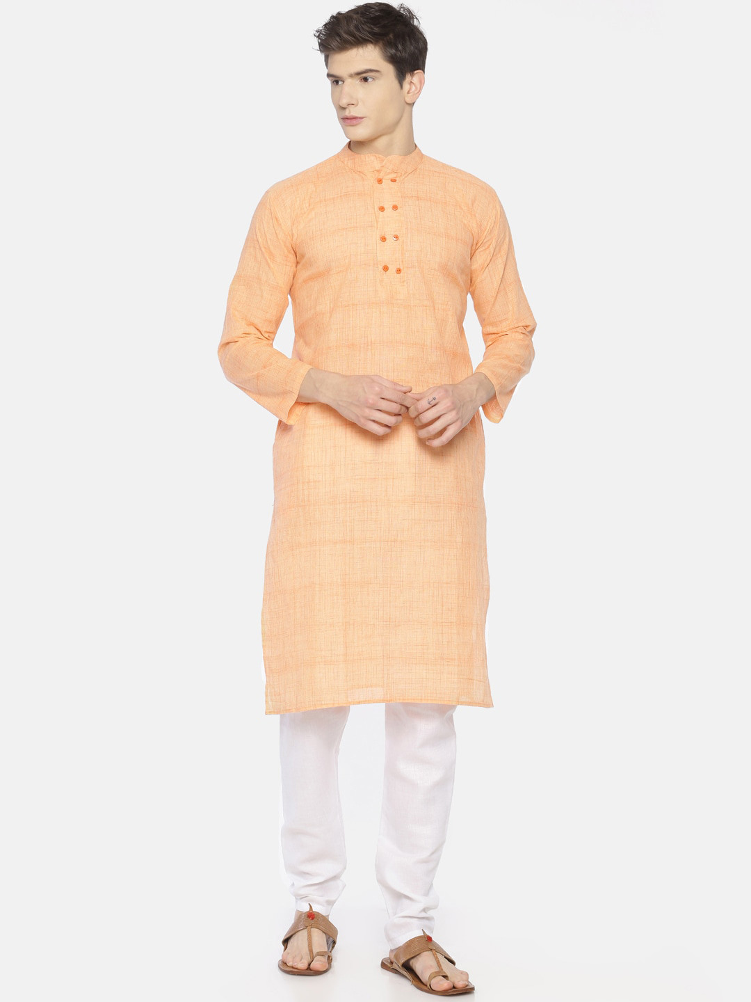 PAROKSH Men Peach-Coloured Pastels Dobby Kurta