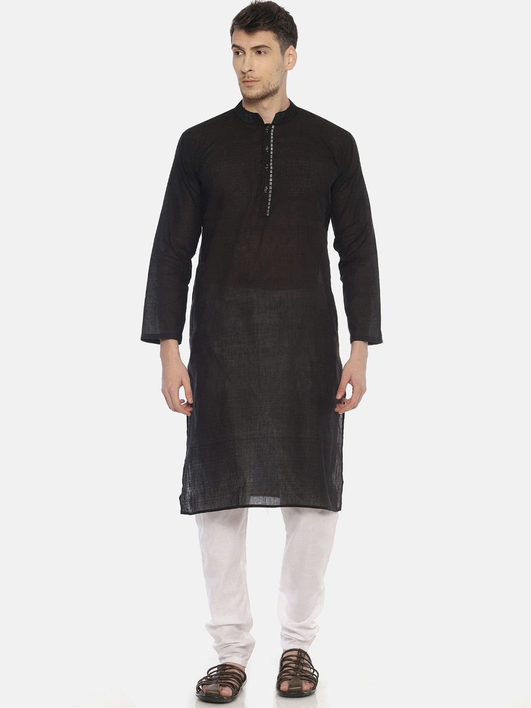 PAROKSH Men Black Cotton Long Solid Kurta