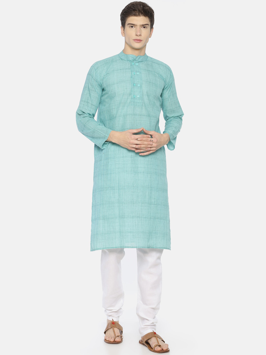 PAROKSH Men Teal Pastels Cotton Straight Kurta