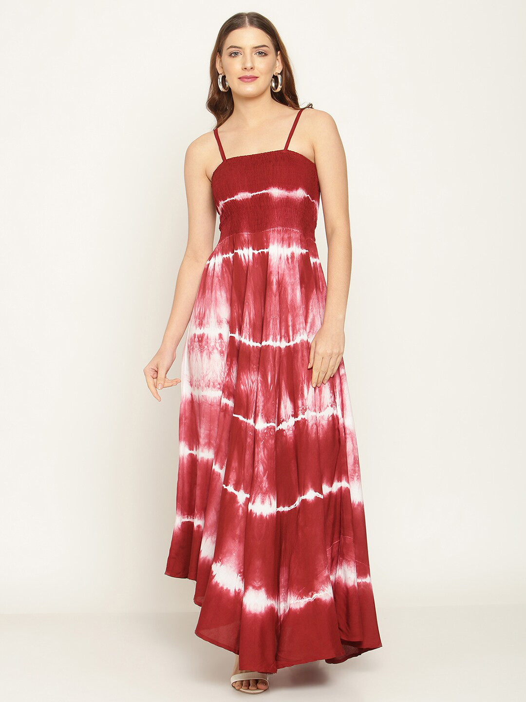 Aawari Women Maroon & White Tie and Dye Dyed Maxi Dress