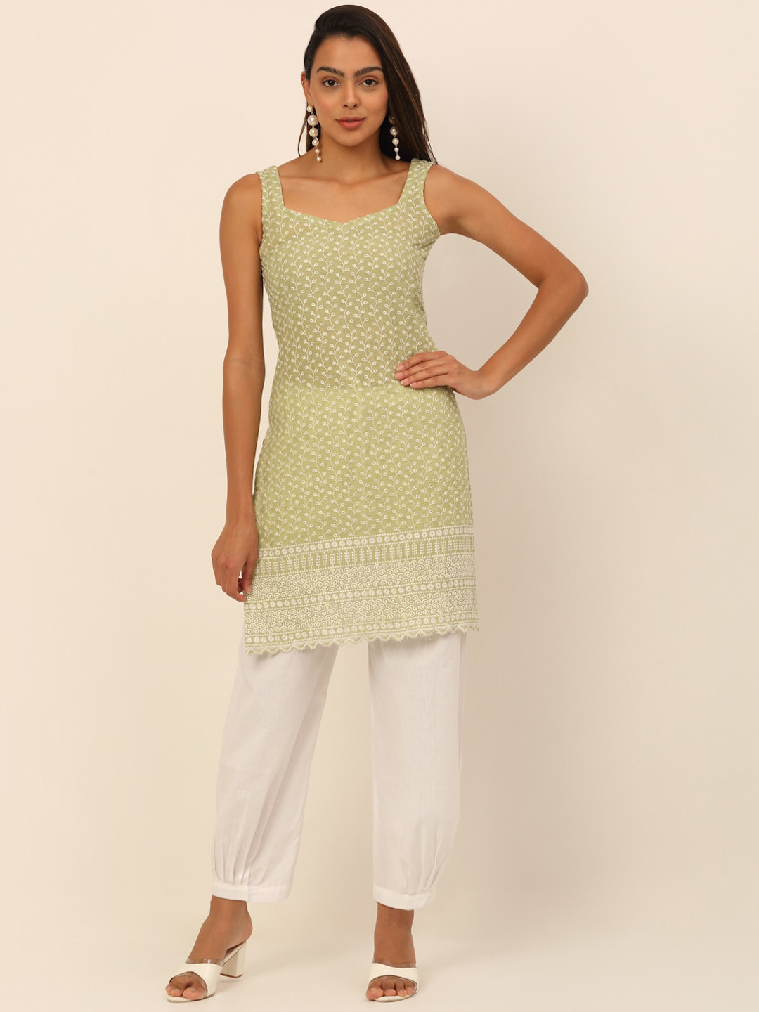 KALINI Women Green Ethnic Motifs Embroidered Thread Work Kurti with Salwar