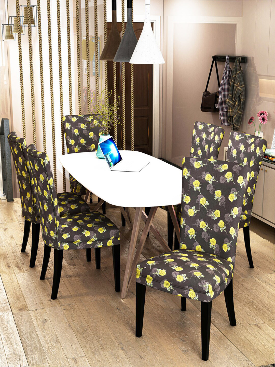 Nendle Set Of 6 Black and Yellow Floral Printed Chair Covers