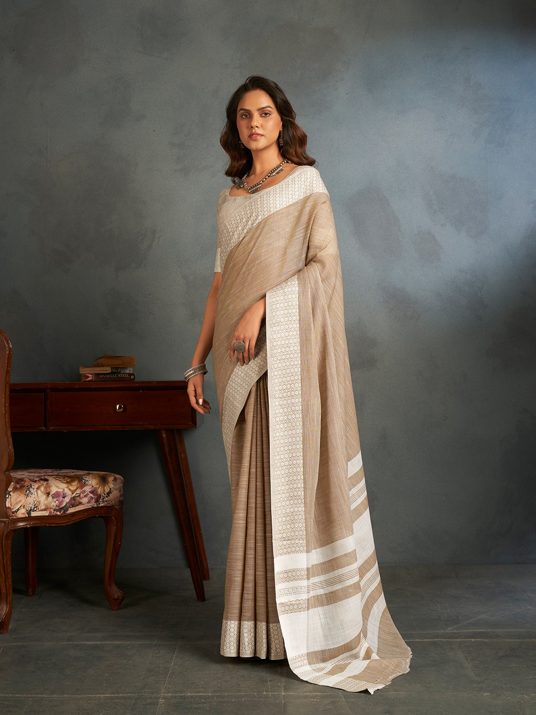elora Brown & White Woven Design Linen Blend Saree
