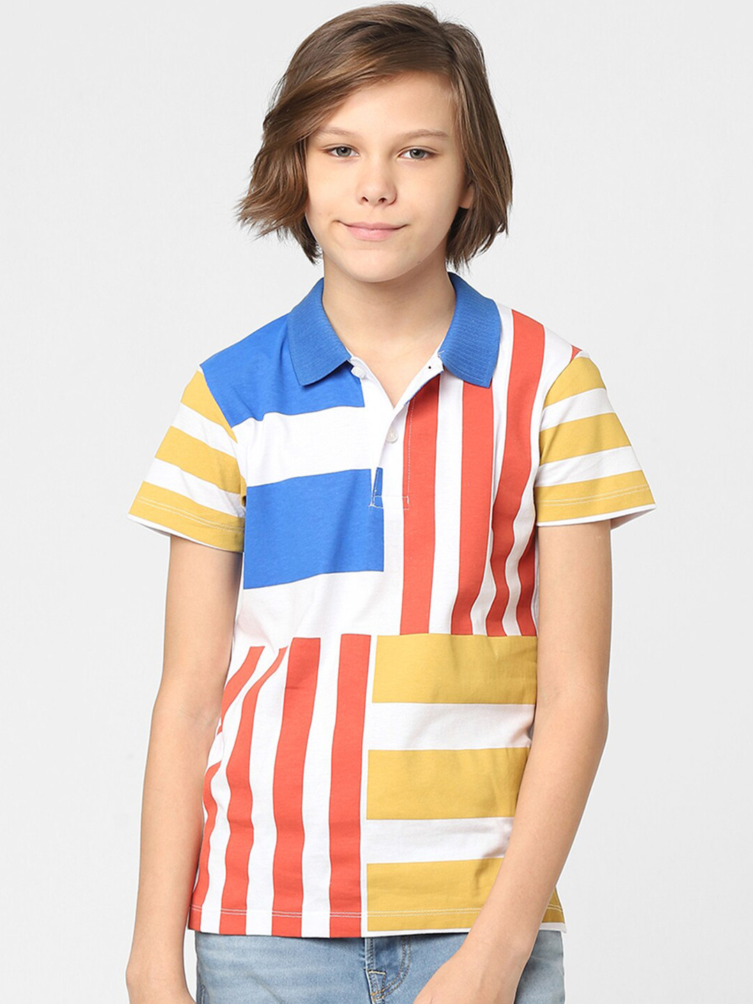 Jack & Jones Junior Boys White Striped Polo Collar T-shirt