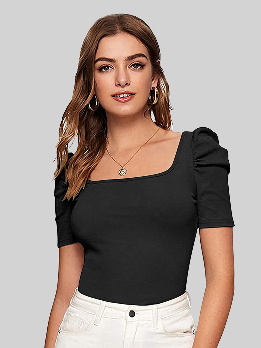 LONDON BELLY Women Black Puff Sleeve Top