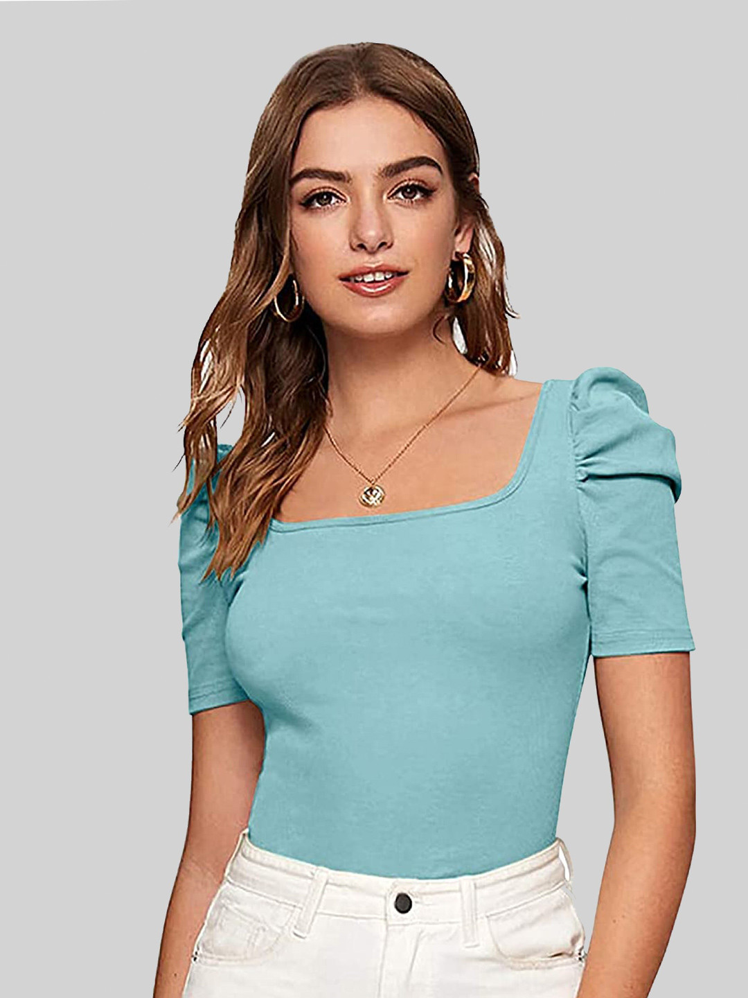 LONDON BELLY Women Turquoise Blue Puff Sleeve Top