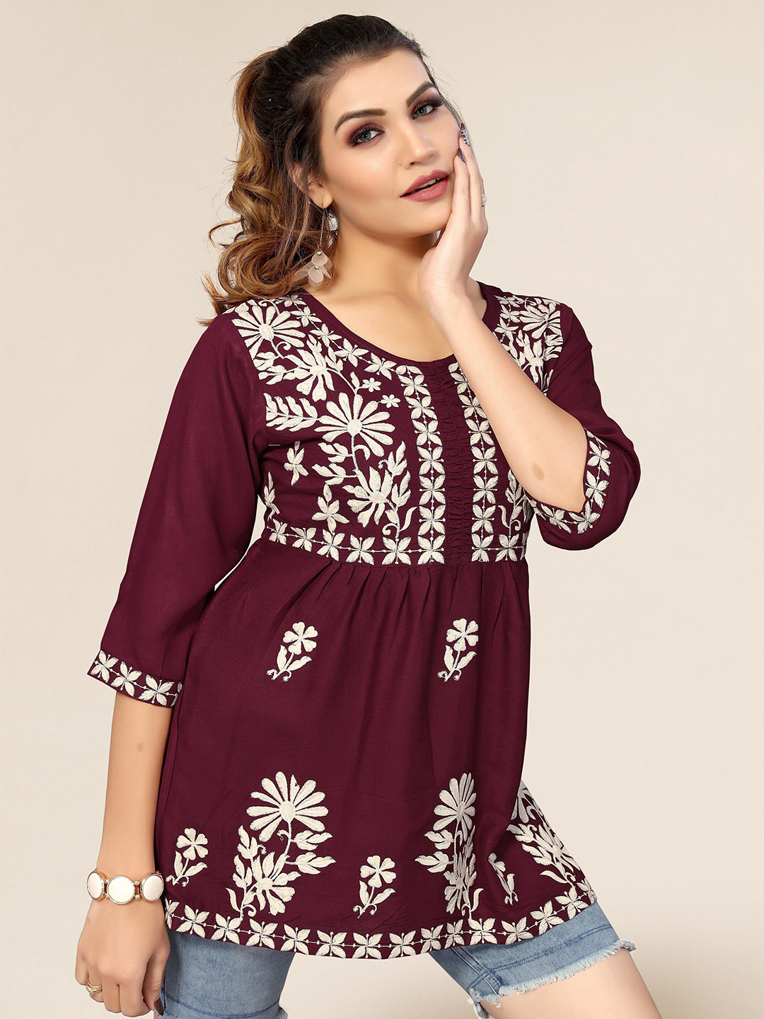 Winza Designer Women Maroon Floral Embroidered Top
