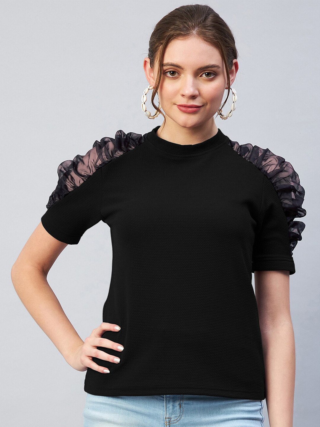 Marie Claire Women Black Solid High Neck Regular Top