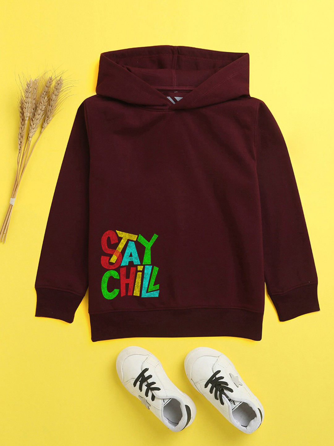 NUSYL Unisex Kids Printed Burgundy Hooded Sweatshirt