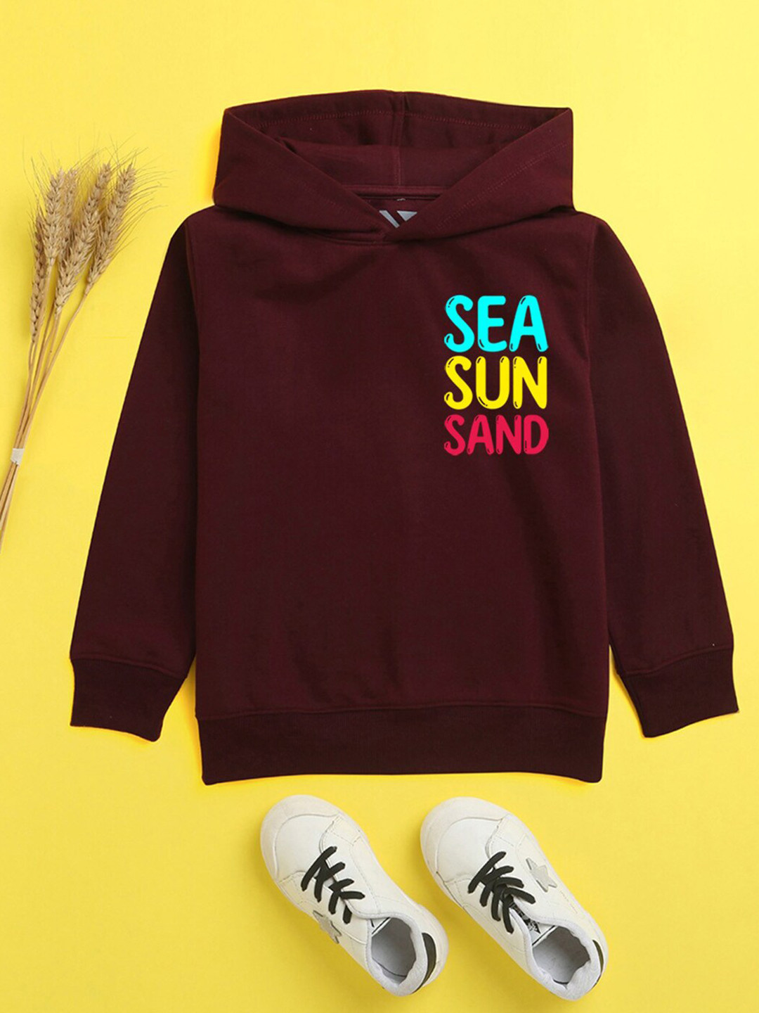 NUSYL Unisex Kids Printed Burgundy Hooded Sweatshirt