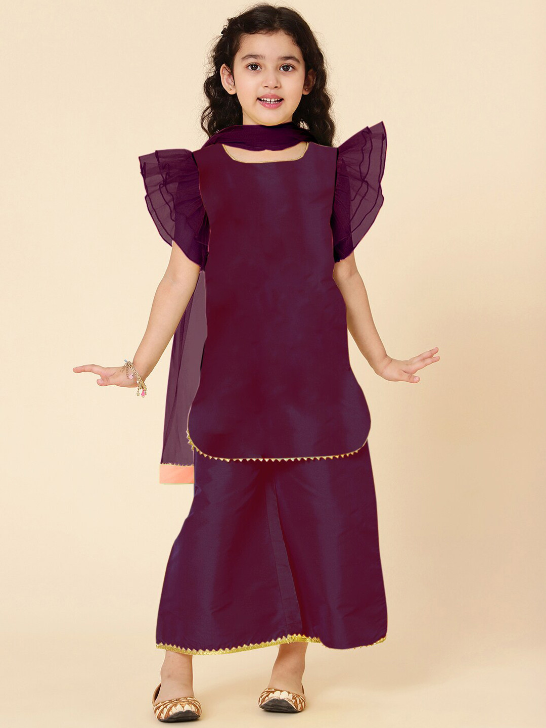 A T U N Girls Burgundy Kurti with Palazzos & With Dupatta