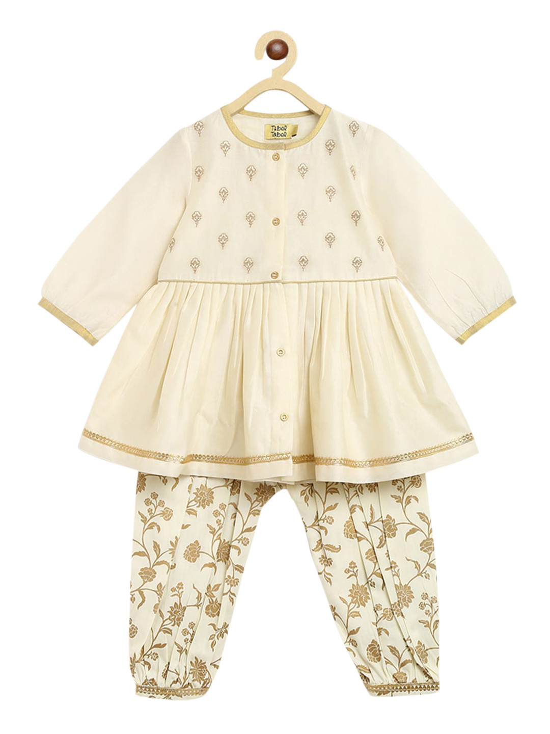 Tiber Taber Girls Cream-Coloured Floral Embroidered Chanderi Silk Kurta with Salwar