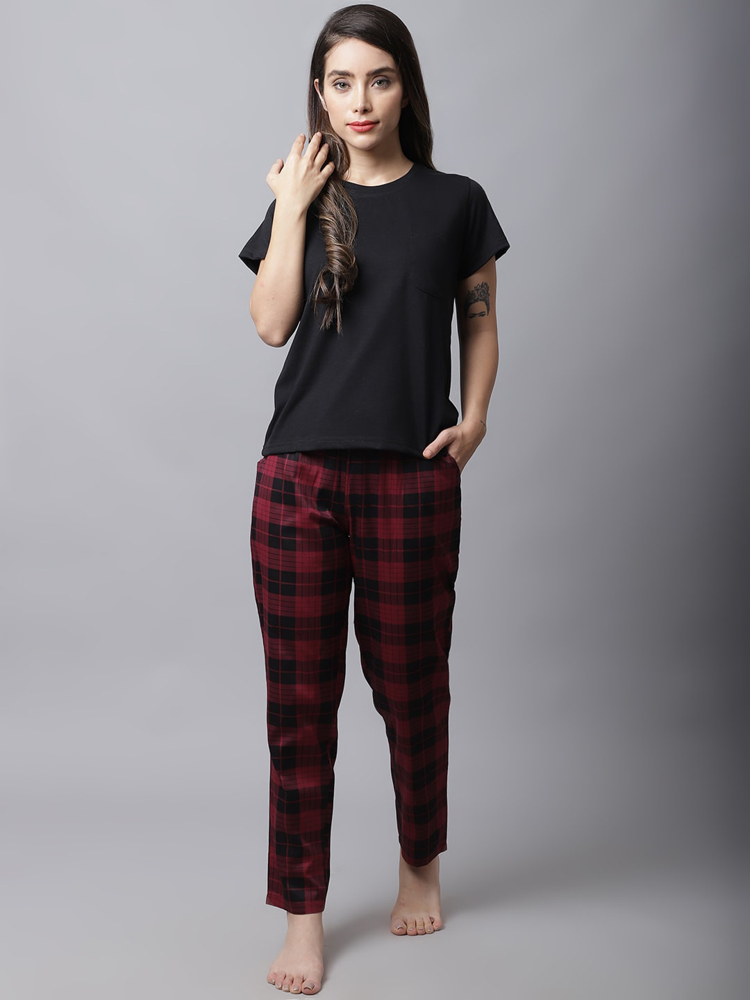 Boston Club Women Black & Red Round Neck Cotton Blend Night suit