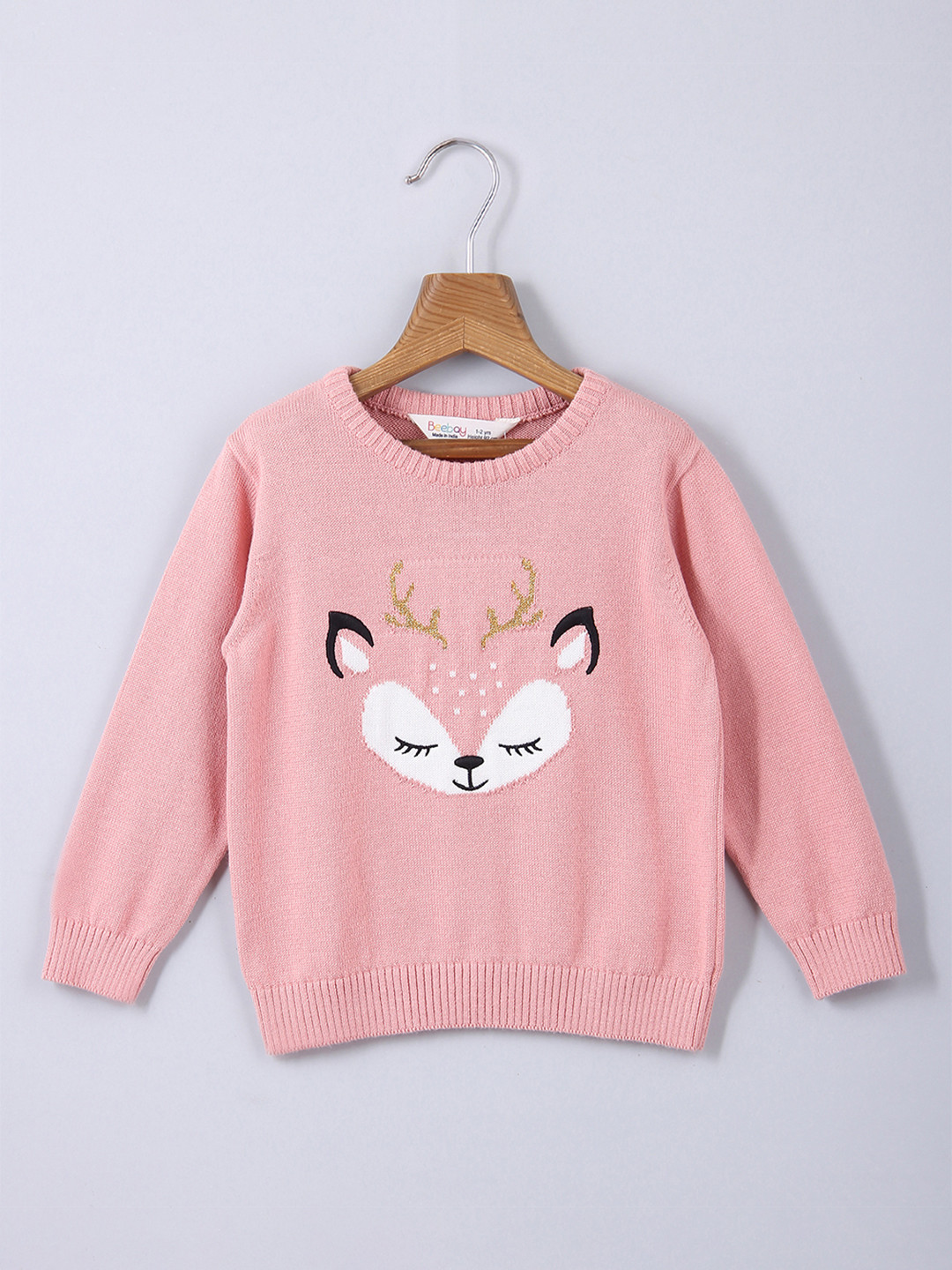 Beebay Girls Pink & White Printed with Embroidered Detail Pullover Sweater
