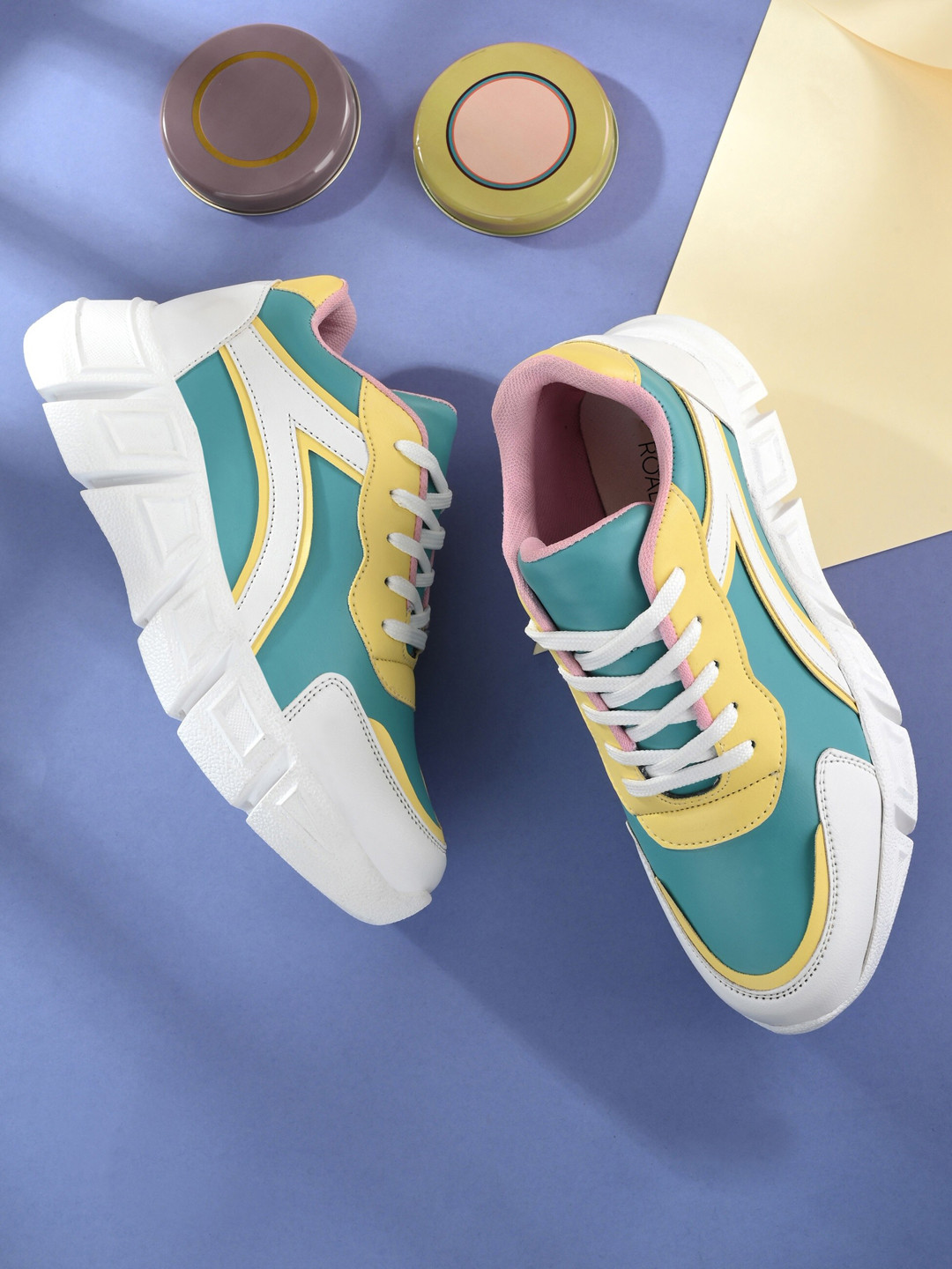 Roadster Women Blue and Yellow Colourblocked Casual Synthetic Leather Sneakers