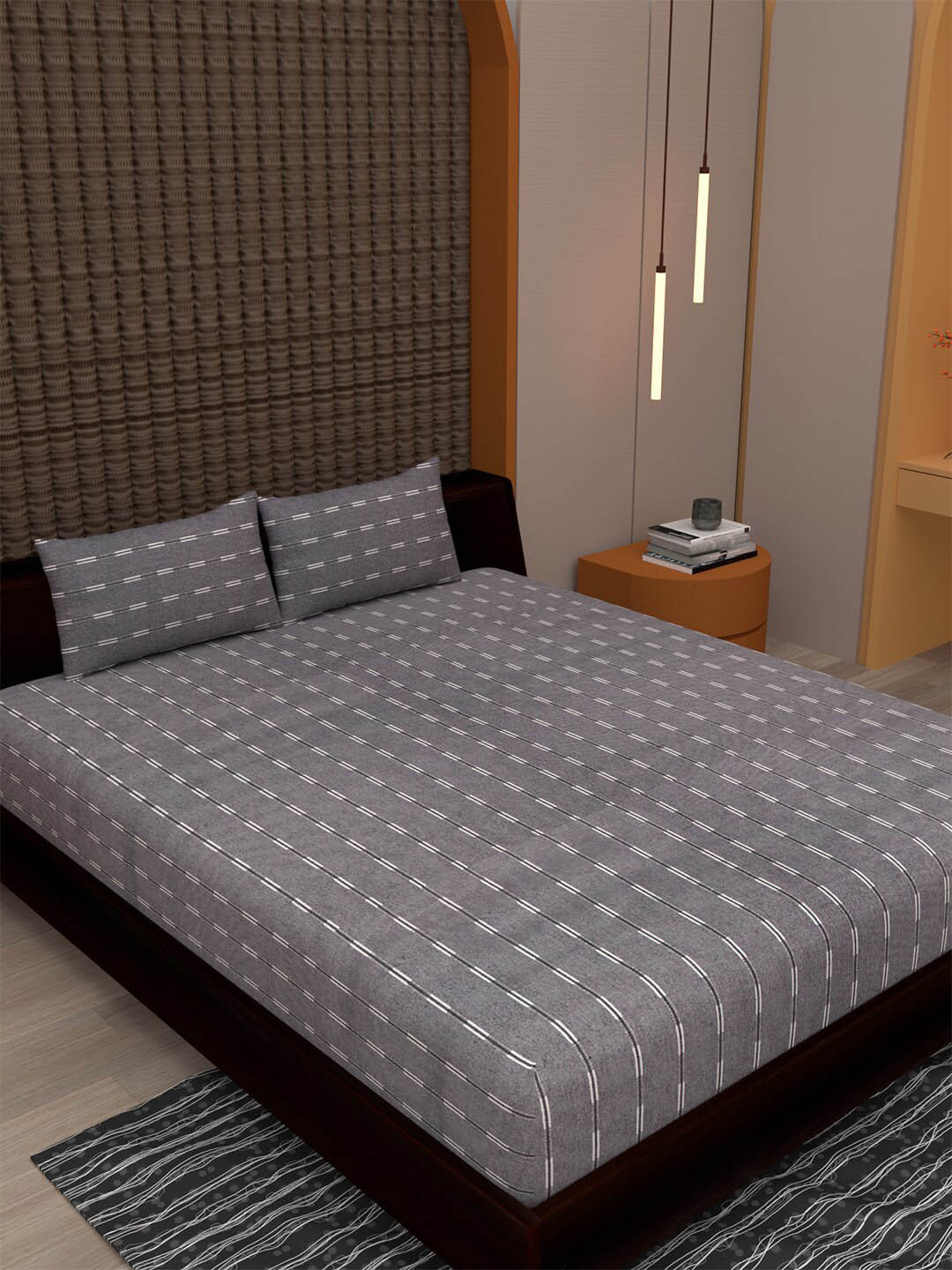 Soumya Grey Self-Design Double Queen Cotton Bed Cover With 2 Pillow Covers