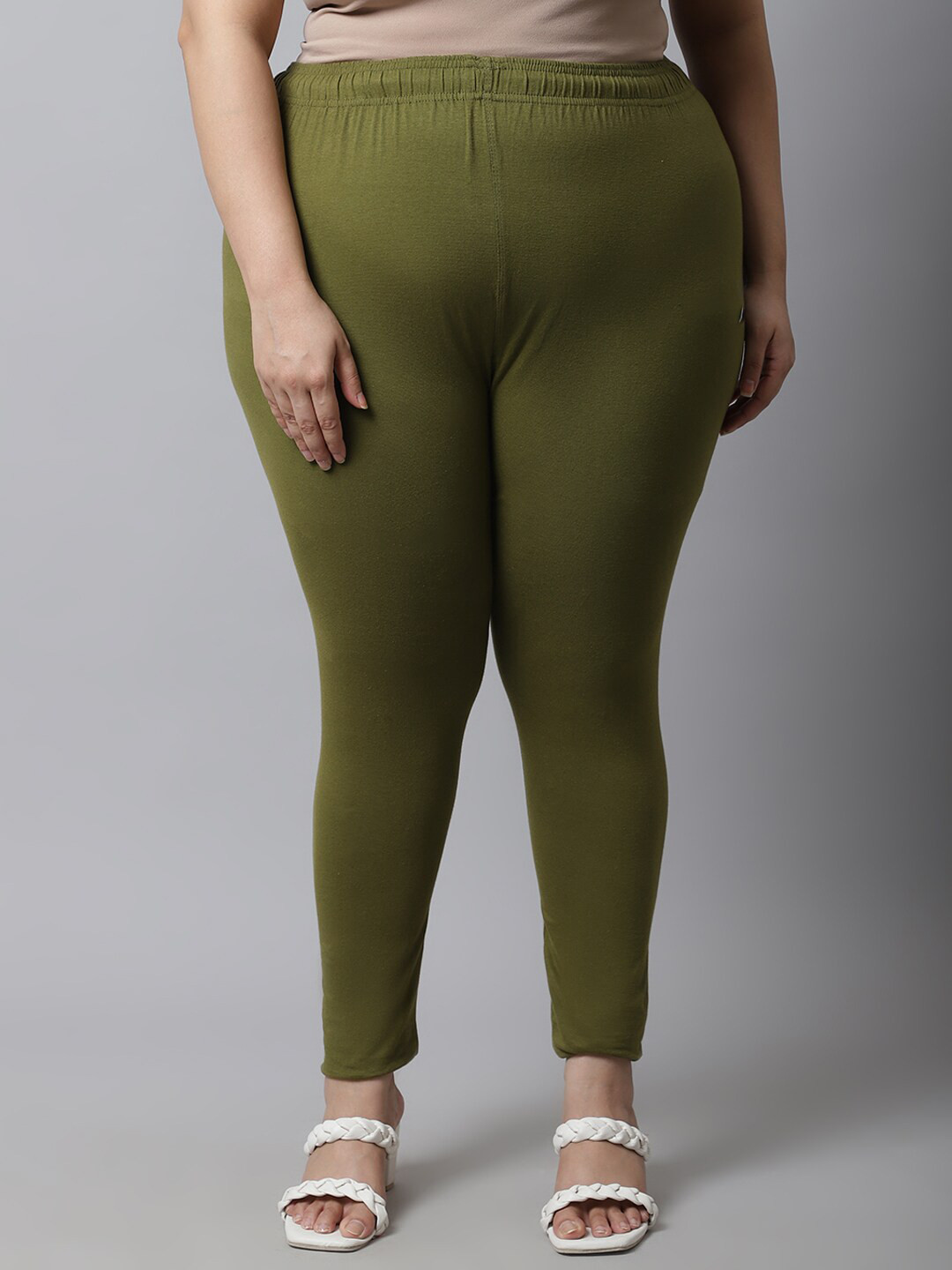 TAG 7 Women Plus Size Olive Green Solid Ankle-Length Plus Size Leggings