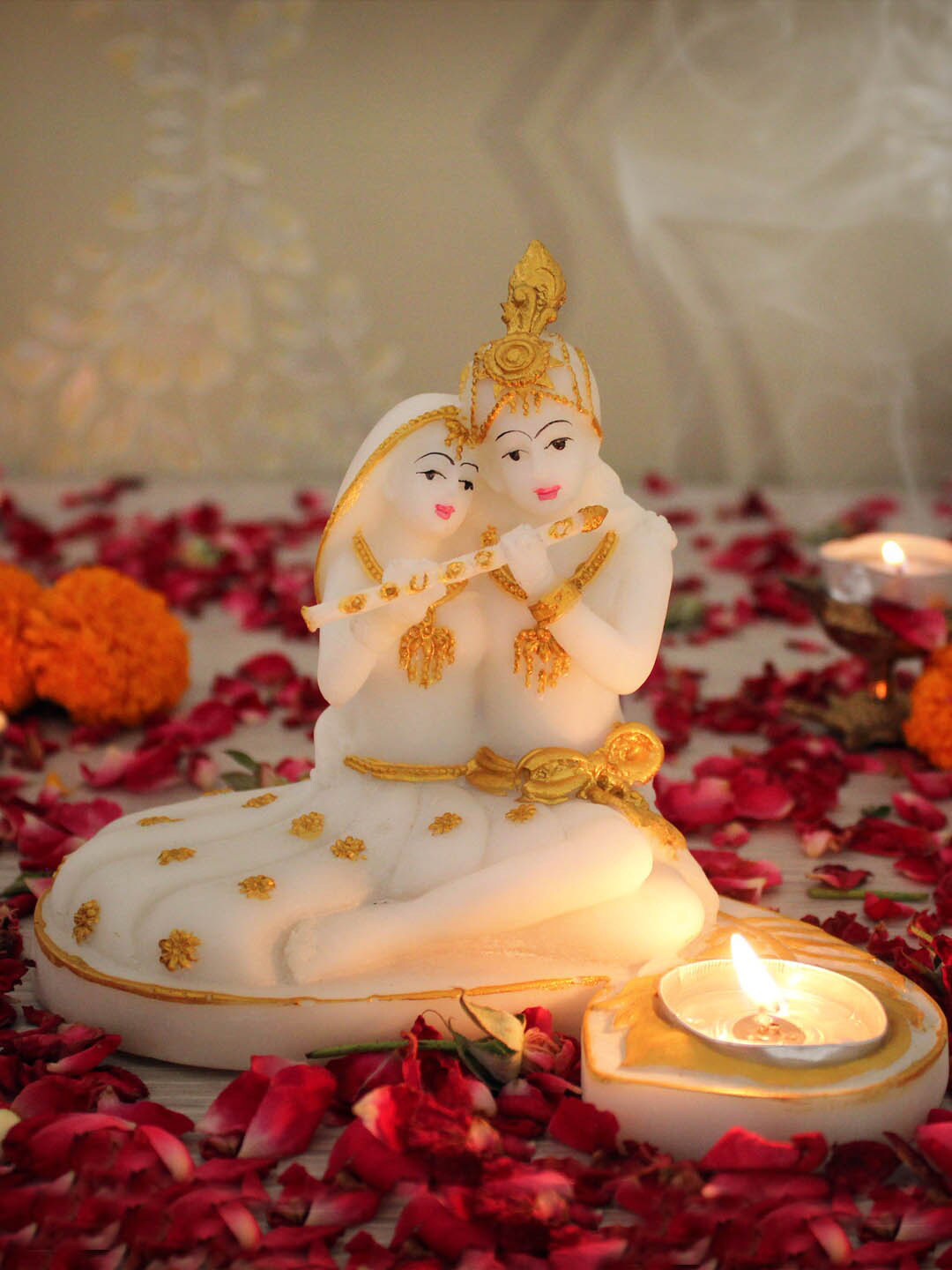 TIED RIBBONS Gold-Toned & White Radha Krishna Idol with Tealight Candle Holder Showpieces