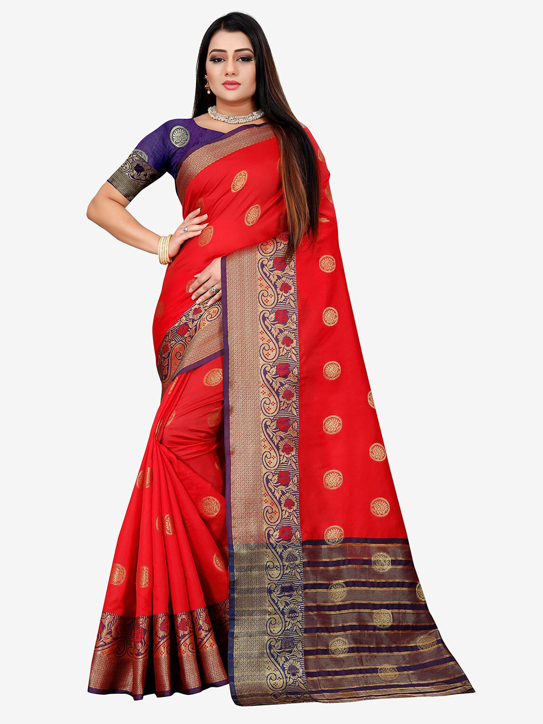 Indian Fashionista Red & Blue Woven Design Zari Art Silk Banarasi Saree