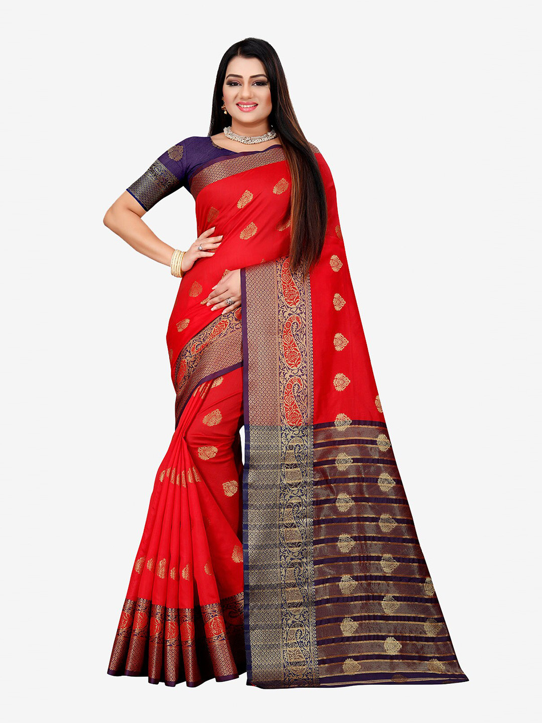 Indian Fashionista Red & Blue Woven Design Zari Art Silk Banarasi Saree
