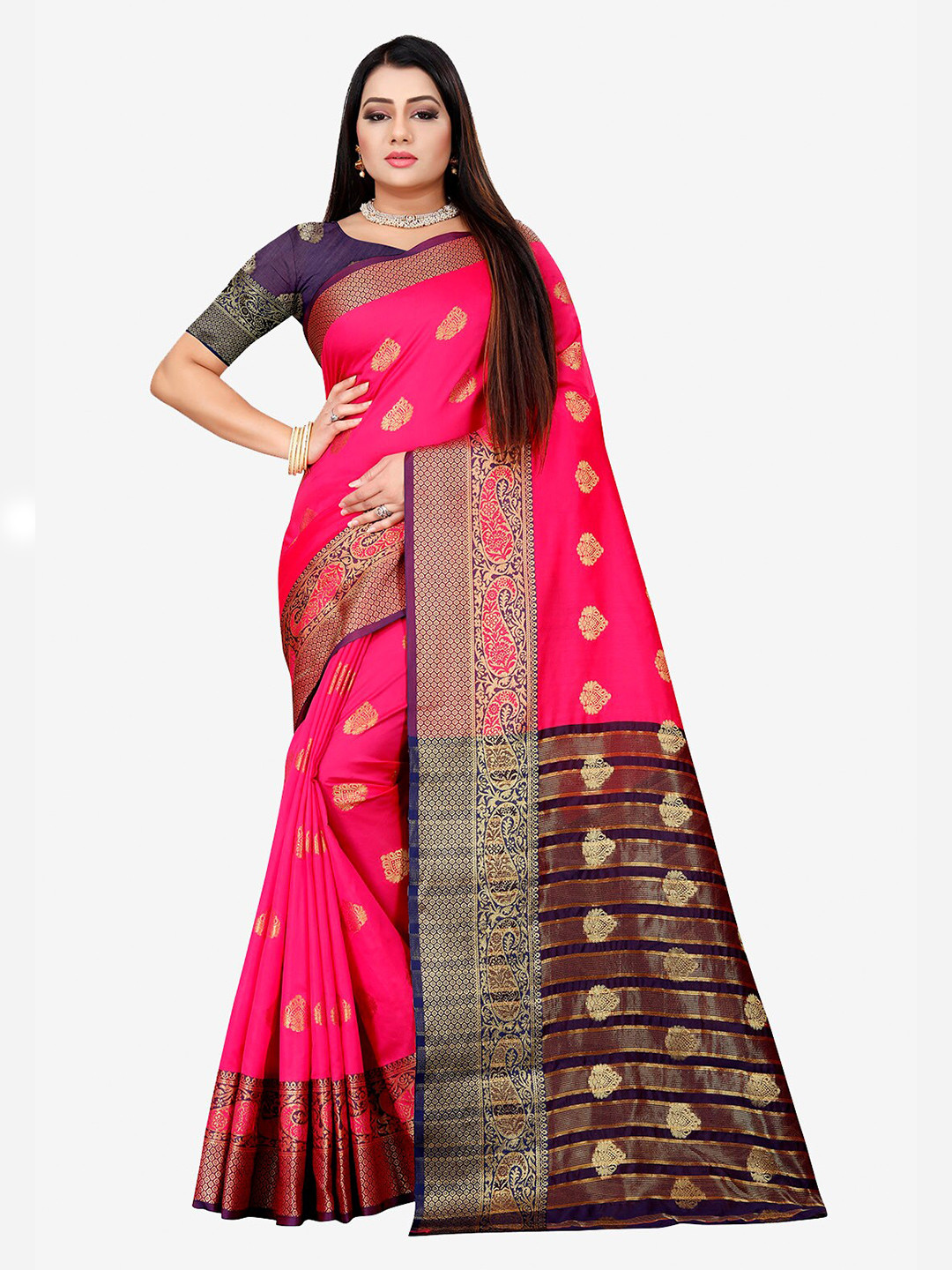 Indian Fashionista Coral & Purple Woven Design Zari Art Silk Banarasi Saree