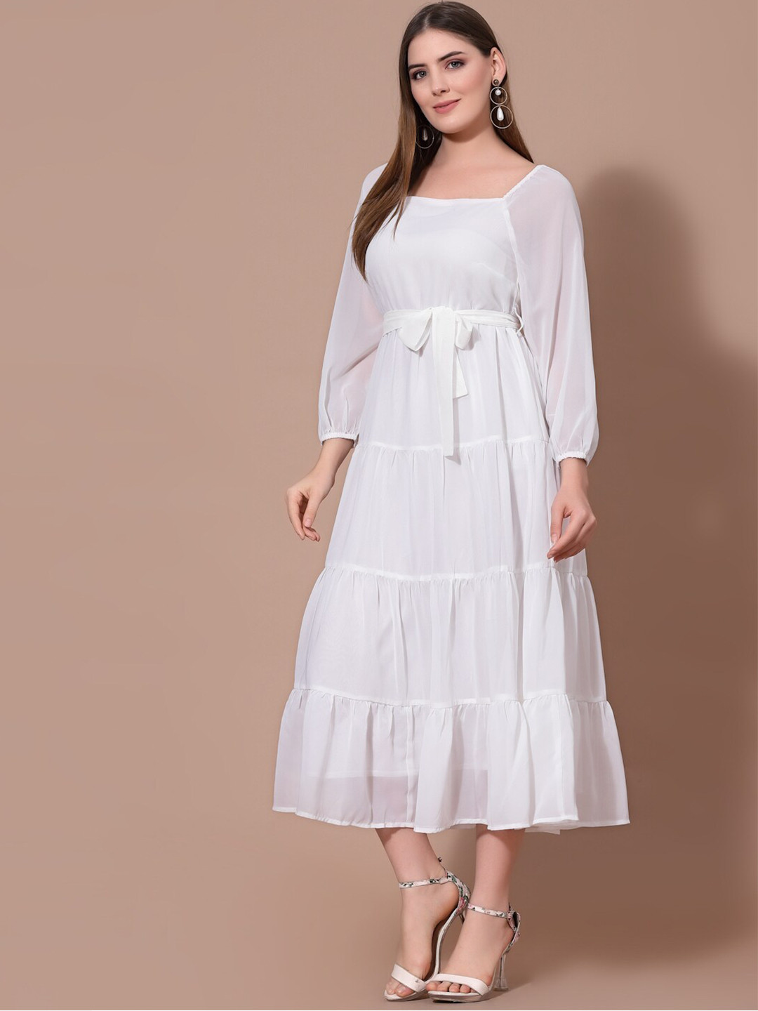 Strong And Brave Women Off WhiteSolid Polyester Georgette Midi Dress