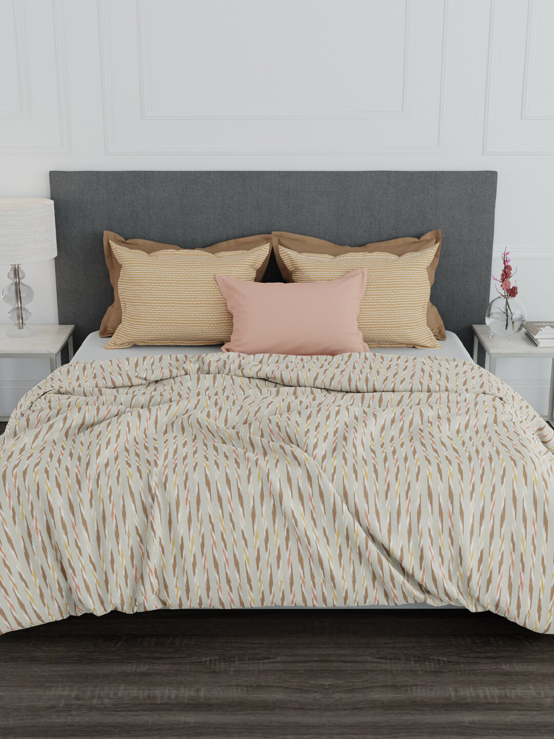 MYTRIDENT Beige Striped 100% Cotton 144 TC Queen Bedsheet with 2 Pillow Covers