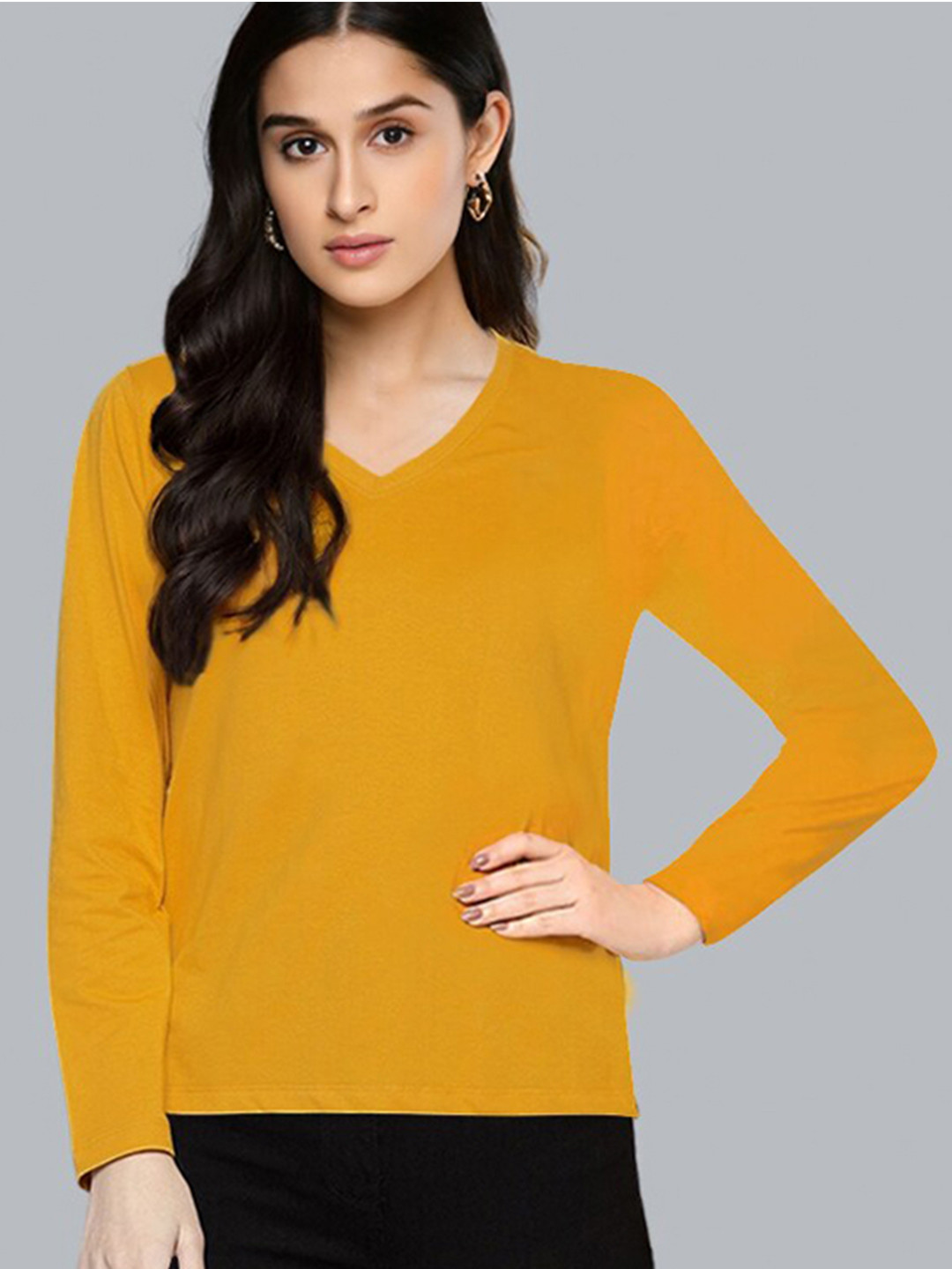 Pootlu Women Yellow V-Neck Cotton T-shirt